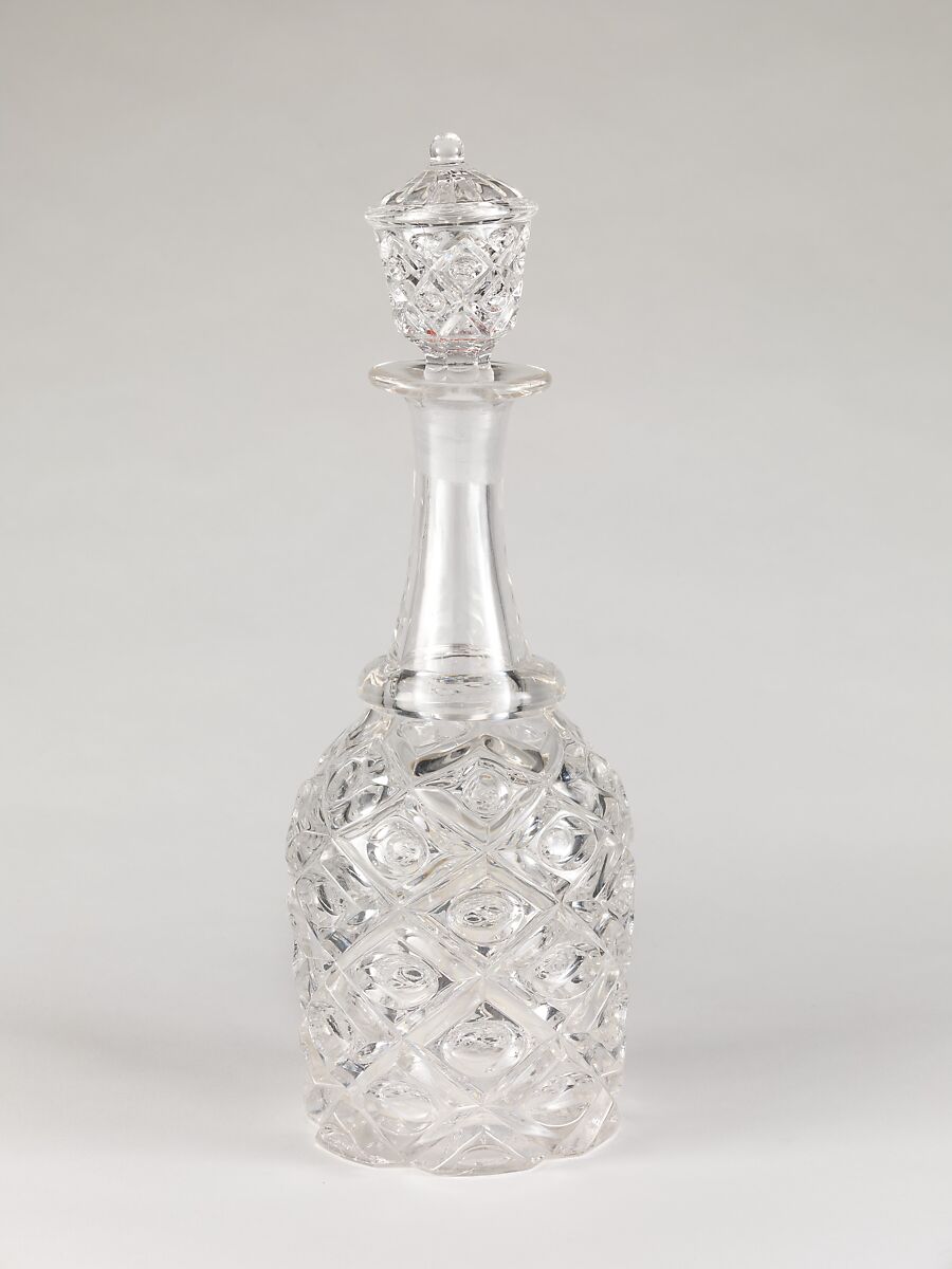 Quart decanter, Pressed glass, diamond thumbprint, American 