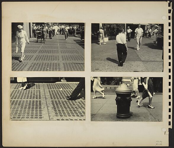 [Pedestrians, New York City: On Street with Sidewalk Skylights, New York City; Man with Back Turned in Foreground; Feet of Male and Female Pedestrians on Sidewalk Skylights; Fire Hydrant in Foreground]
