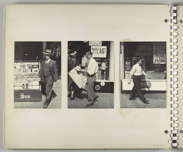 [Pedestrians, New York City: Man in Pinstriped Suit and Magazine Rack; Man Reading Newspaper and Walking Past Storefront with "Malted Milk 15¢" Sign; Man Walking Past Lunchroom Window], Rudy Burckhardt (American (born Switzerland), Basel 1914–1999 Searsmont, Maine), Gelatin silver print 