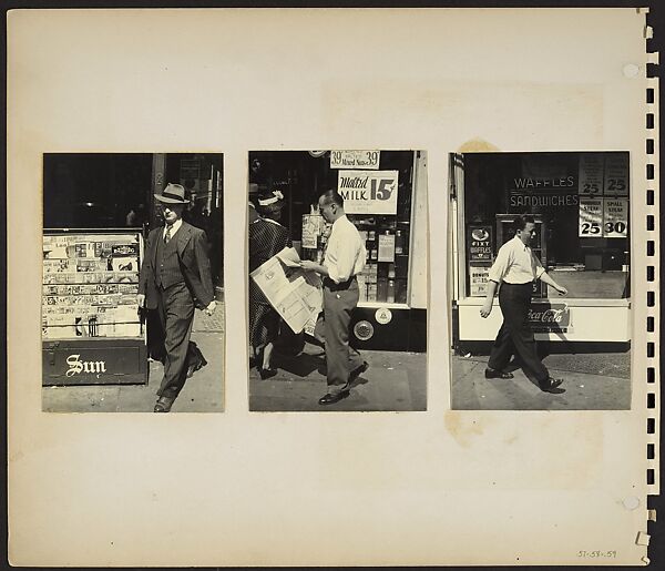 [Pedestrians, New York City: Man in Pinstriped Suit and Magazine Rack; Man Reading Newspaper and Walking Past Storefront with "Malted Milk 15¢" Sign; Man Walking Past Lunchroom Window], Rudy Burckhardt (American (born Switzerland), Basel 1914–1999 Searsmont, Maine), Gelatin silver print