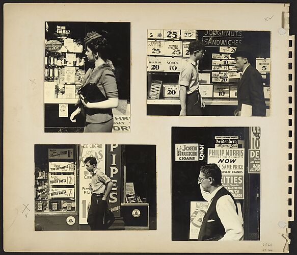 [Pedestrians, New York City: Woman in Hat and Fur Collar Passing Drugstore Window; Two Men Passing Lunchroom Window with Posted Signs; Young Man Passing Drugstore and Cigar Store; Man in Vest and Eyeglasses Passing Cigar Store Window with Posted Advertisements]