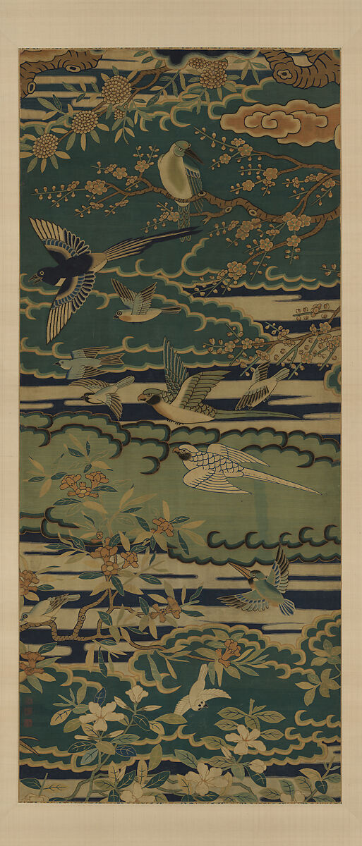 Birds among flowering branches against clouds, Silk tapestry (kesi), China 