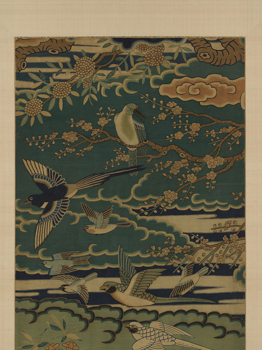 Birds among flowering branches against clouds, Silk tapestry (kesi), China
