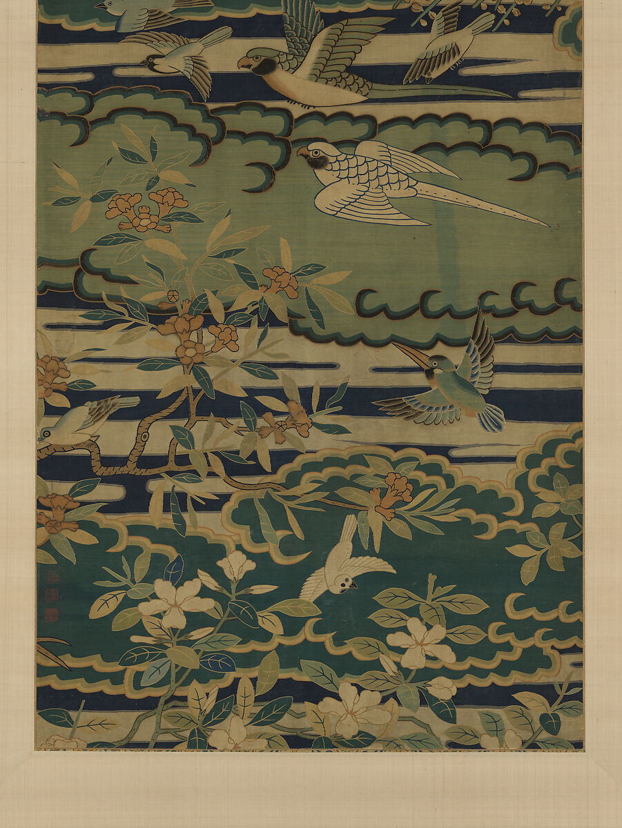 Birds among flowering branches against clouds, Silk tapestry (kesi), China