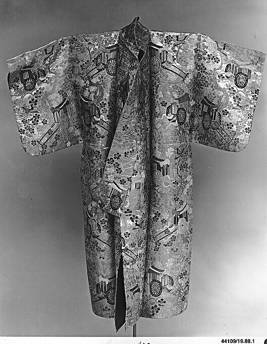 Noh Robe (Karaori) with Court Carriages and Cherry Blossoms, Twill-weave silk brocade with supplementary weft patterning in metallic thread, Japan 
