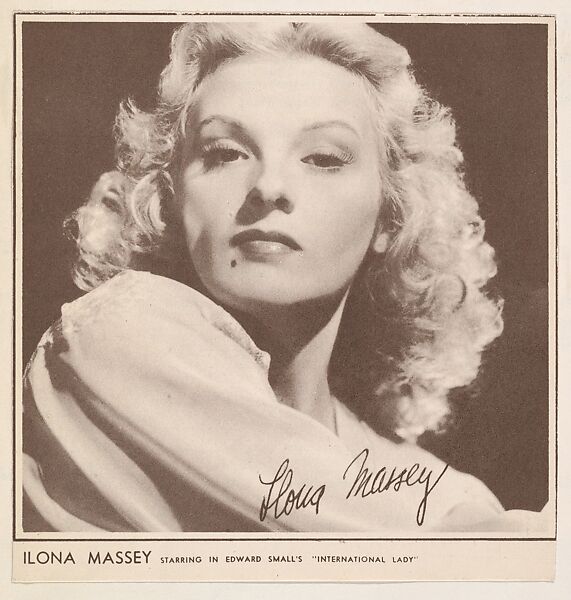 Ilona Massey, bakery card from the Film Celebrities series (D31), issued by the Ward Baking Company, Issued by Ward Baking Company, Commercial photolithograph 