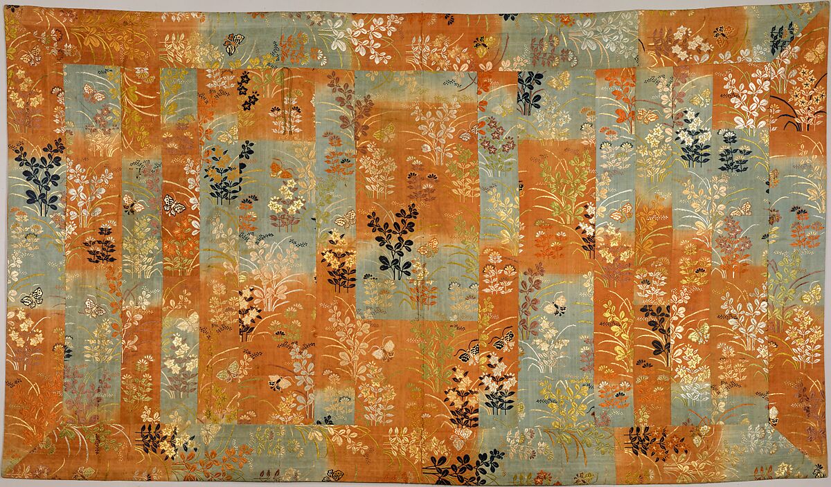 Buddhist Vestment (Kesa) Made from a Noh Costume (Karaori) with Autumn Grasses and Butterflies, Twill-weave silk brocaded with silk and metallic thread, Japan 