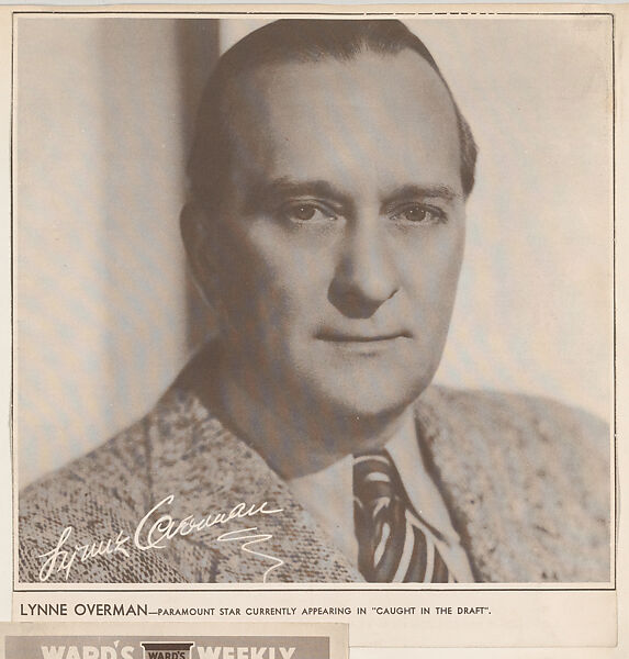 Lynne Overman, bakery card from the Film Celebrities series (D31), issued by the Ward Baking Company, Issued by Ward Baking Company, Commercial photolithograph 