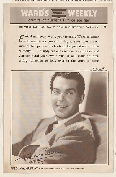 Fred MacMurray, bakery card from the Film Celebrities series (D31), issued by the Ward Baking Company, Issued by Ward Baking Company, Commercial photolithograph 