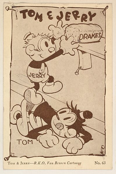Tom & Jerry, No. 63, bakery card from the Film Stars series (D32), issued by the Drake Brothers Bakery, Issued by Drake Brothers Bakery, Commercial photolithograph 