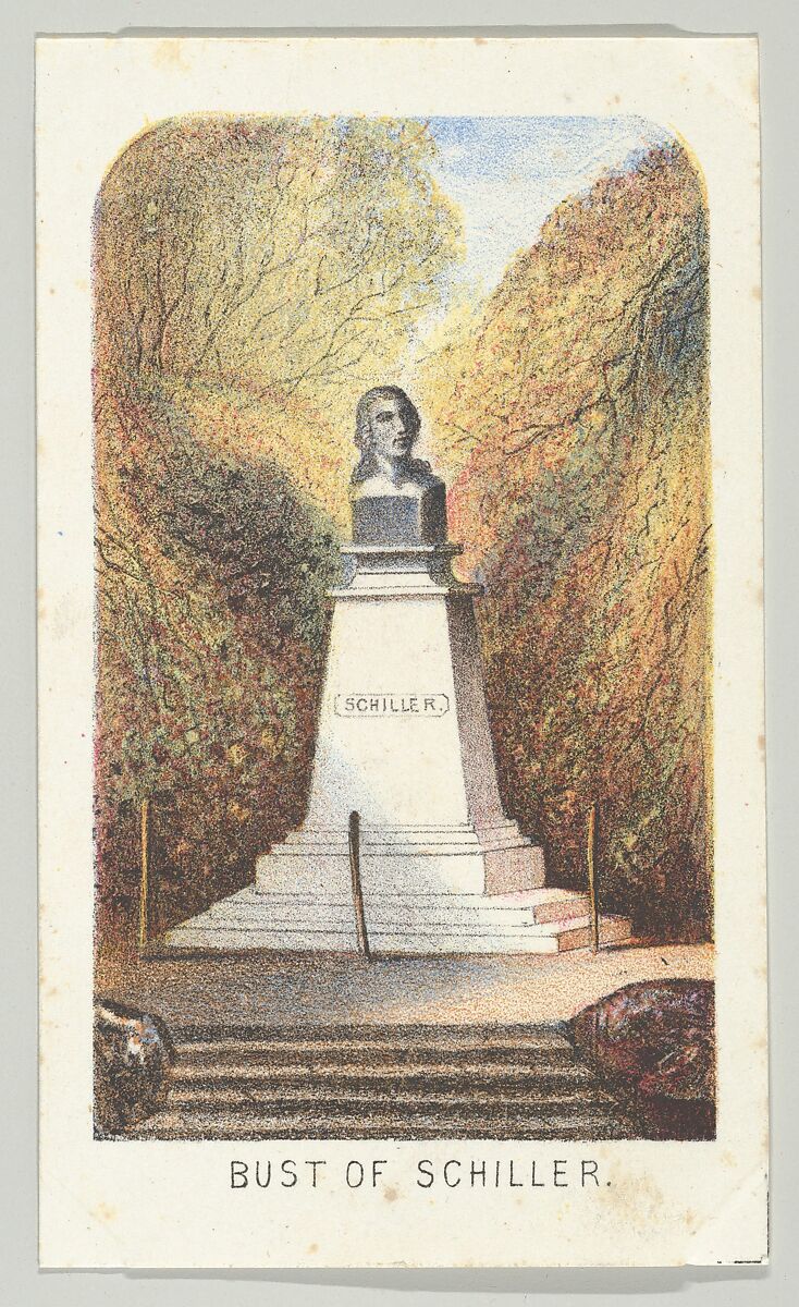 Bust of Schiller, from the series, Views in Central Park, New York, Part 3, Louis Prang &amp; Co. (Boston, Massachusetts), Color lithograph 
