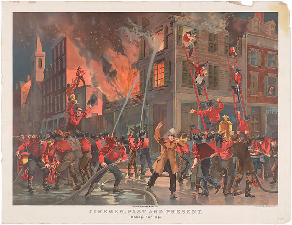 Firemen Past and Present: 'Whoop Her Up", H. A. Thomas and Wylie Lithographic Company (American, active late 19th century), Colored lithograph 
