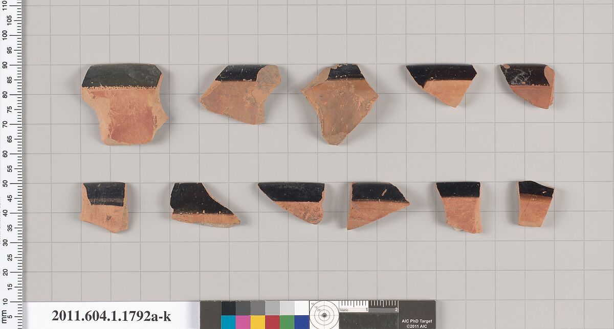 Terracotta rim fragments of kylikes(drinking cups), Terracotta, Greek, Attic 