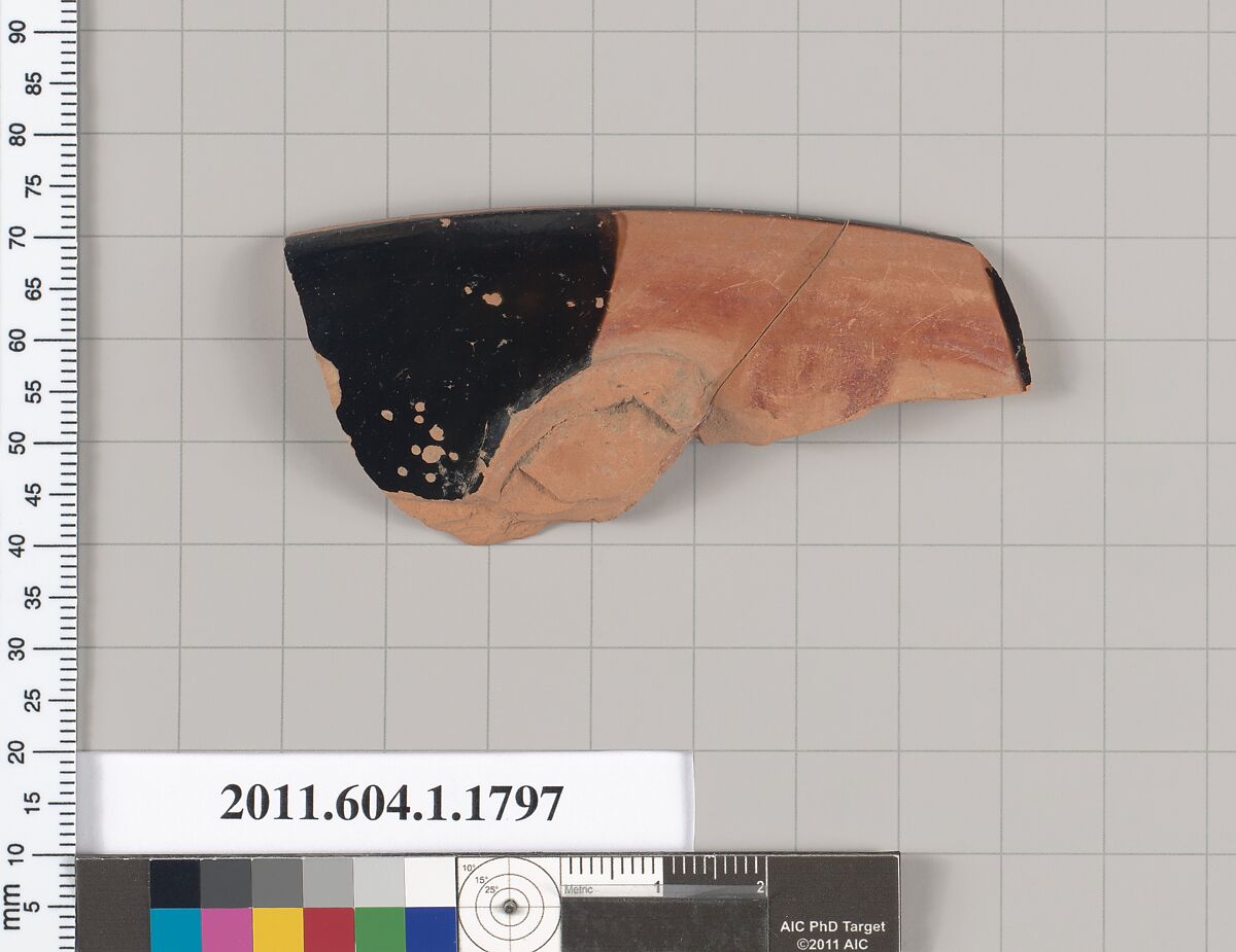 Terracotta rim fragment of a kylix (drinking cup), Terracotta, Greek, Attic 