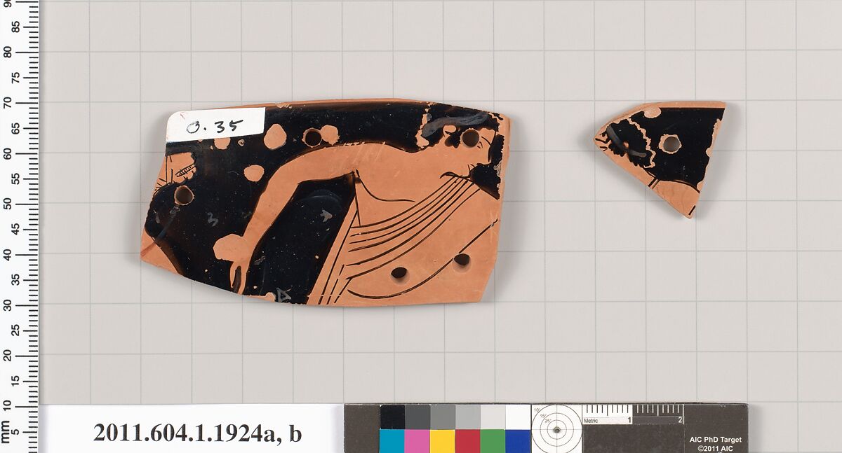 Terracotta rim fragments of a kylix (drinking cup), Terracotta, Greek, Attic 