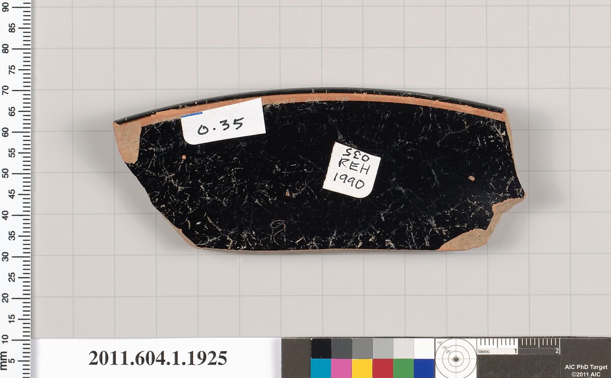Terracotta rim fragment of a kylix (drinking cup), Terracotta, Greek, Attic