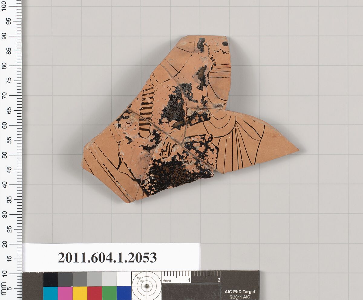 Terracotta rim fragment of a kylix (drinking cup), Terracotta, Greek, Attic 