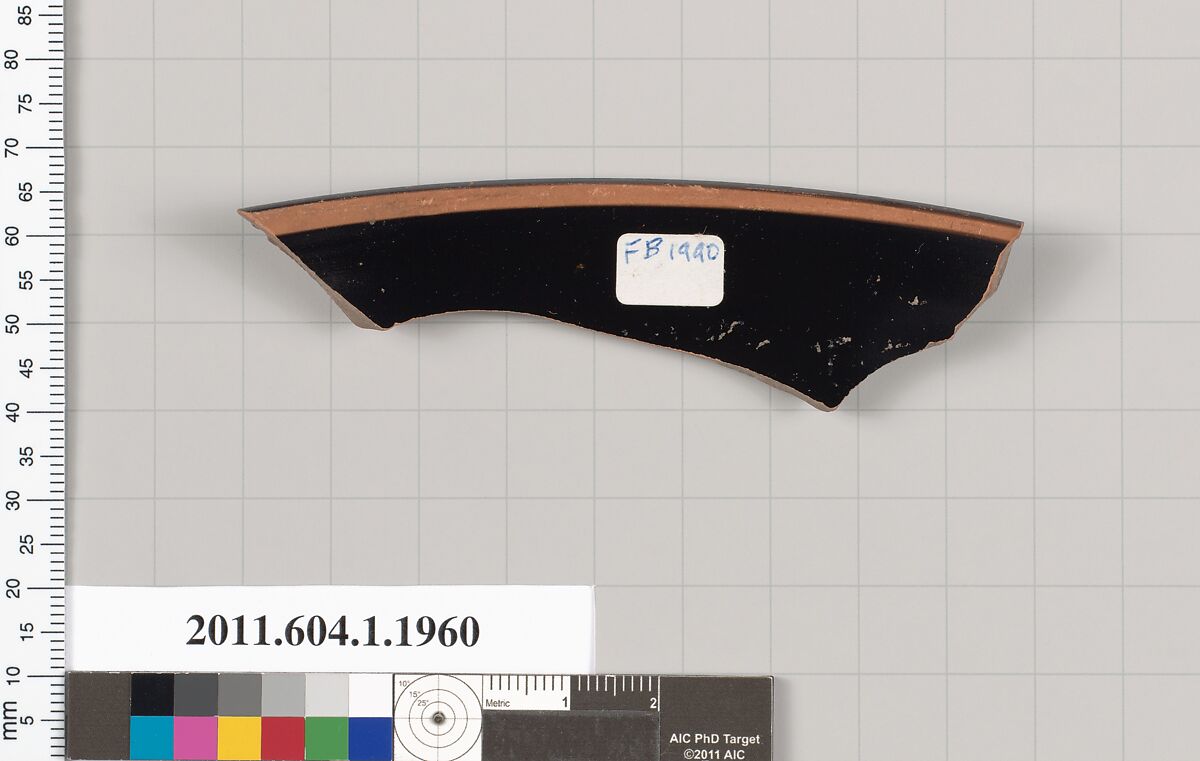 Terracotta rim fragment of a kylix (drinking cup), Terracotta, Greek, Attic