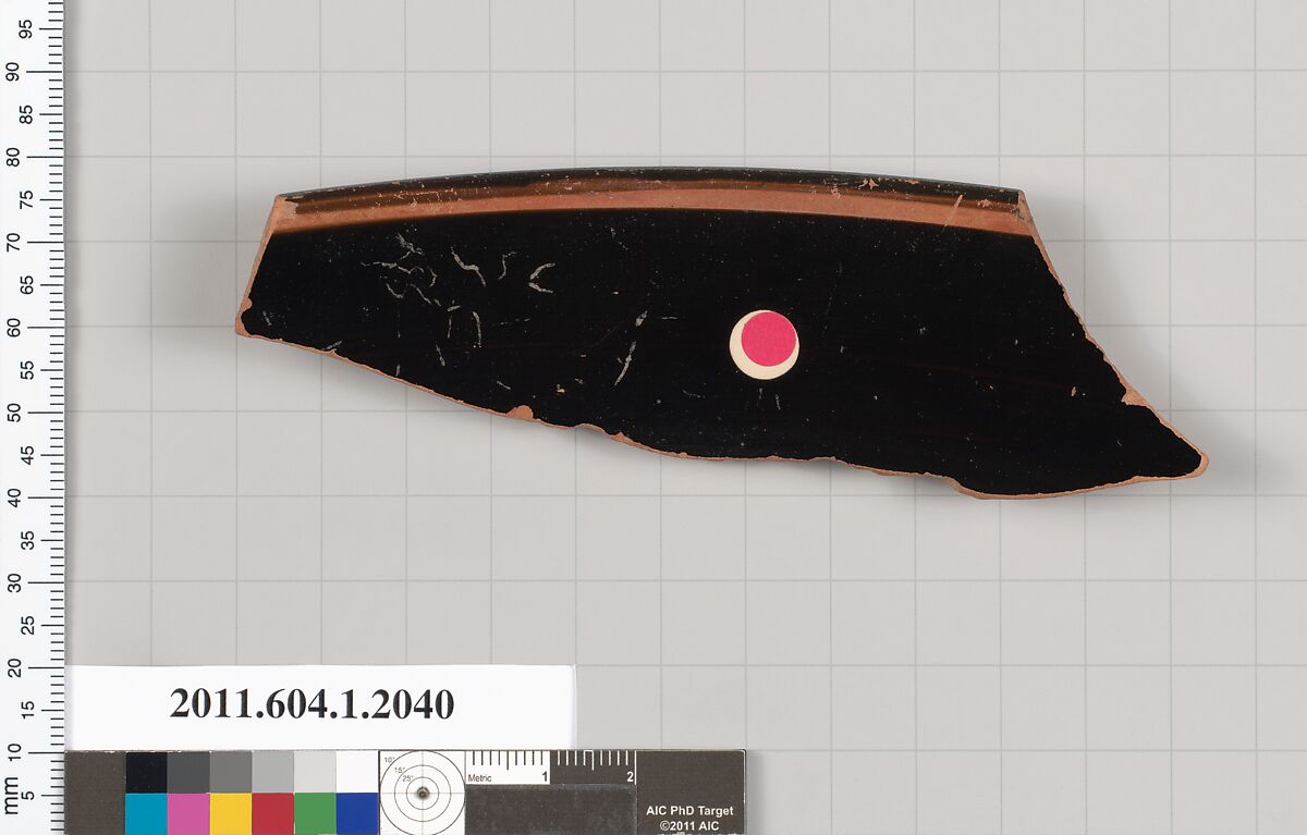 Terracotta rim fragment of a kylix (drinking cup), Terracotta, Greek, Attic