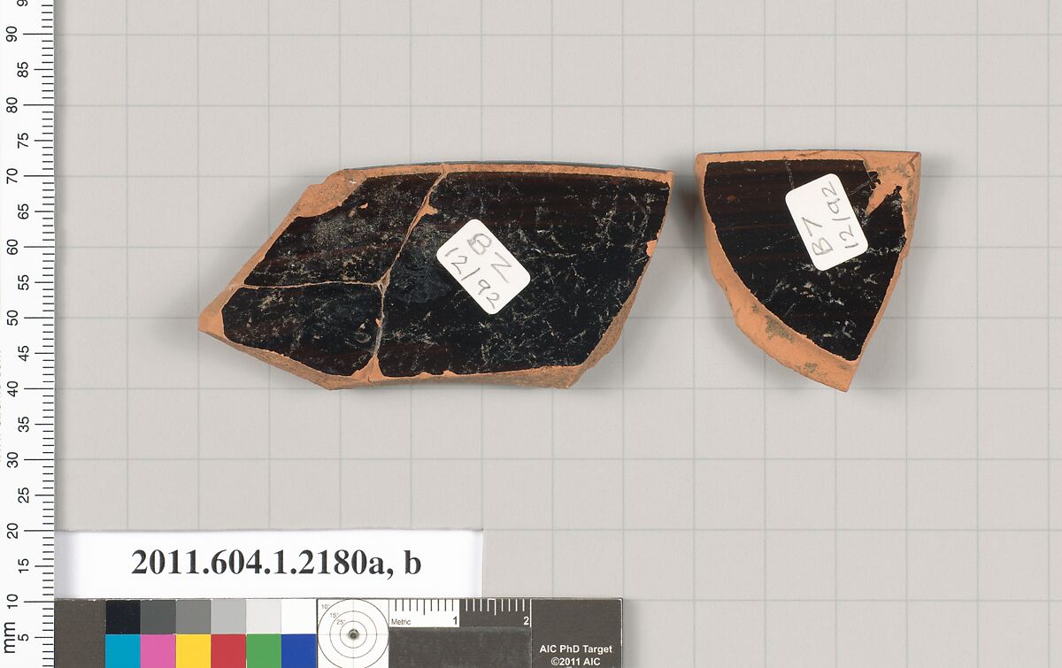 Terracotta rim fragments of a kylix (drinking cup), Terracotta, Greek, Attic