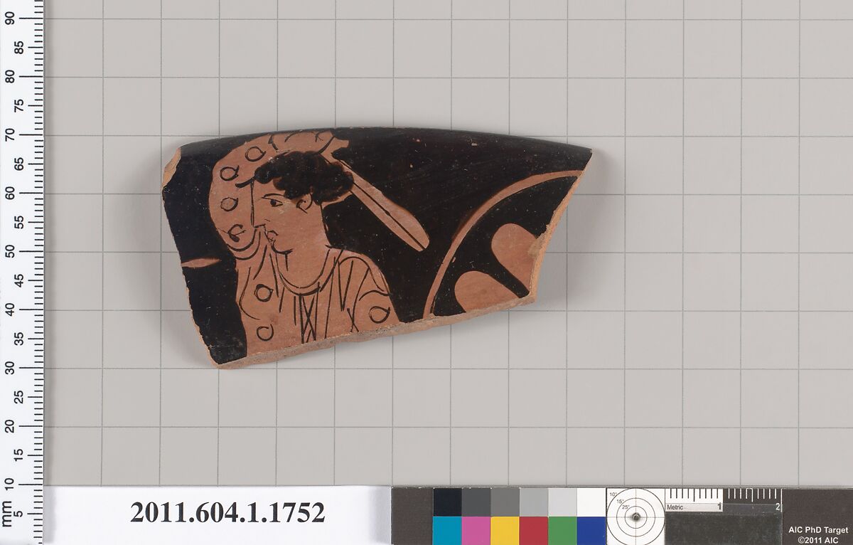Terracotta rim fragment of a kylix (drinking cup), Attributed to the Marlay Painter [DvB], Terracotta, Greek, Attic 