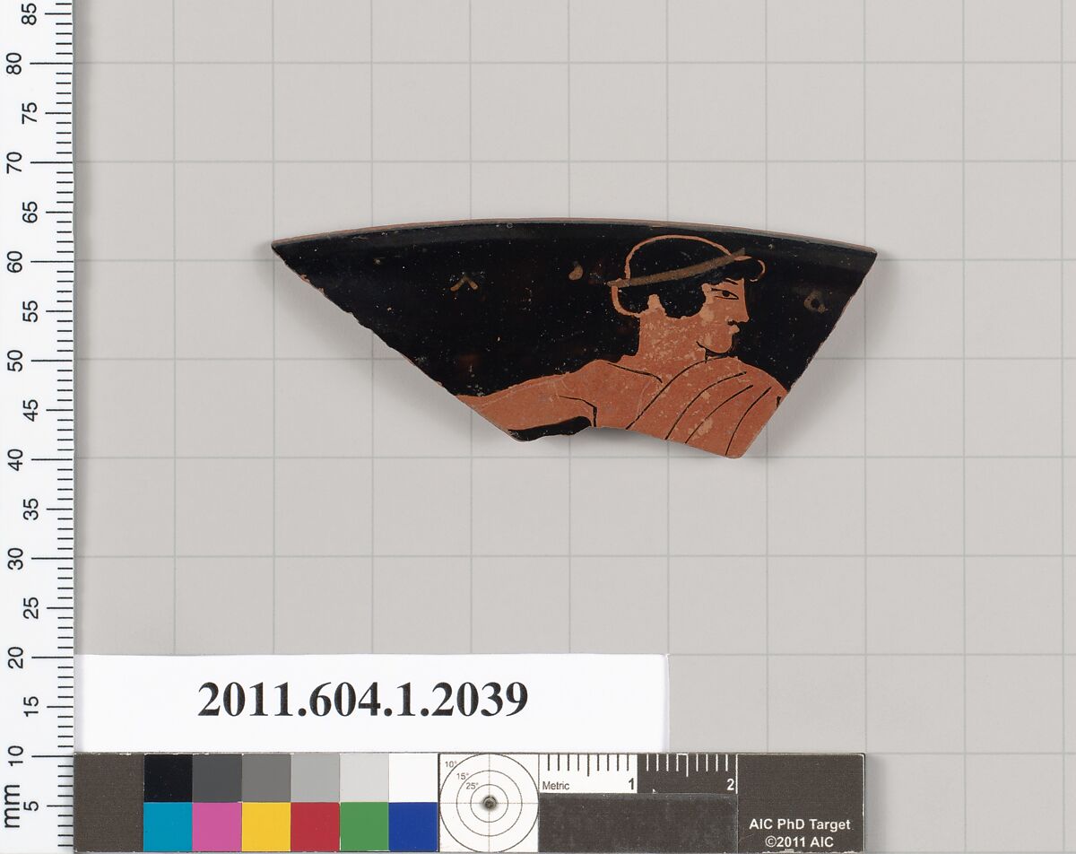 Terracotta rim fragment of a kylix (drinking cup), Attributed to the Painter of Louvre G 265 [DvB], Terracotta, Greek, Attic 