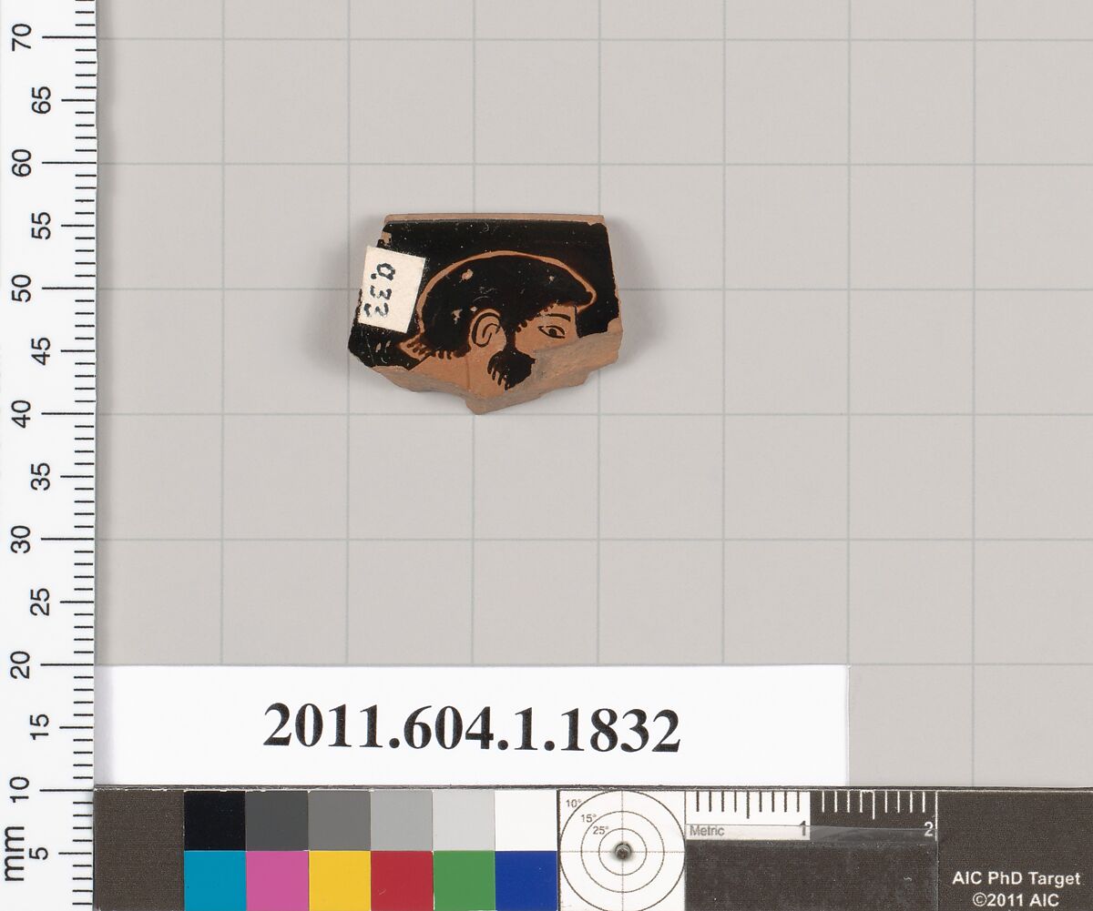 Terracotta rim fragment of a kylix (drinking cup), Clinic Painter ? [DvB], Terracotta, Greek, Attic