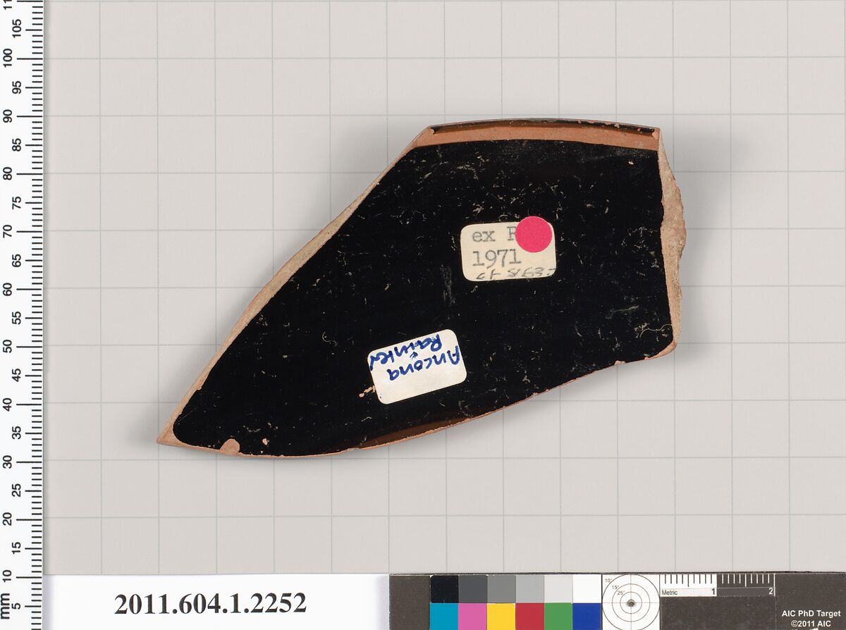 Terracotta rim fragment of a kylix (drinking cup), Attributed to the Ancona Painter [DvB], Terracotta, Greek, Attic