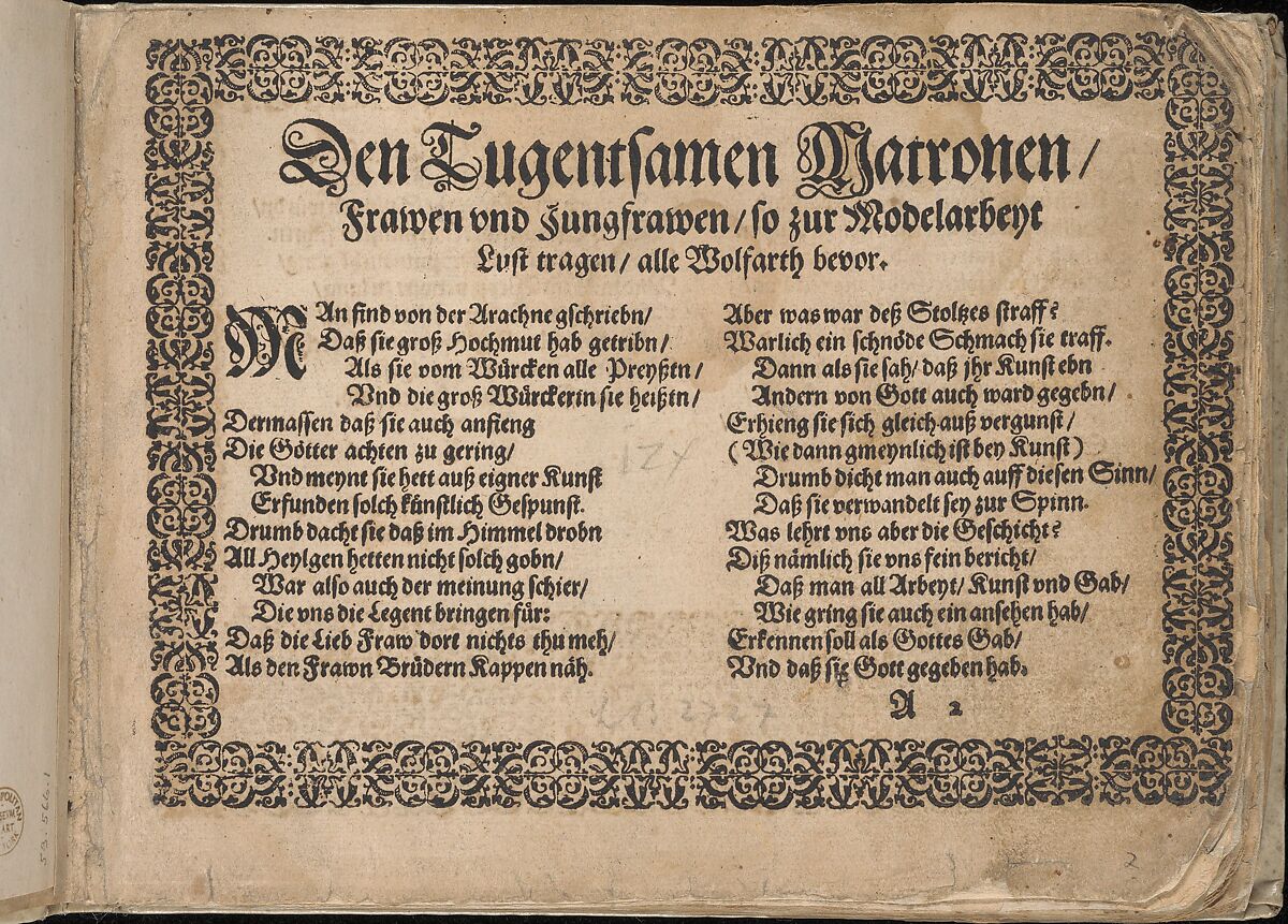 Dedication page of Neu künstlich Modelbuch (page 2r), Bernhard Jobin (Swiss, Porrentruy (Jura) before 1545–1593/1597 Strasbourg)  , Stassburg, Woodcut 