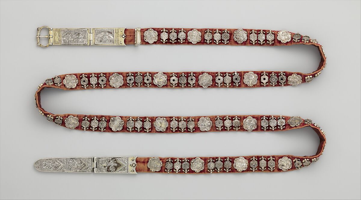 Belt, Silver, with traces of gilding and enamel; modern textile support, North Italian