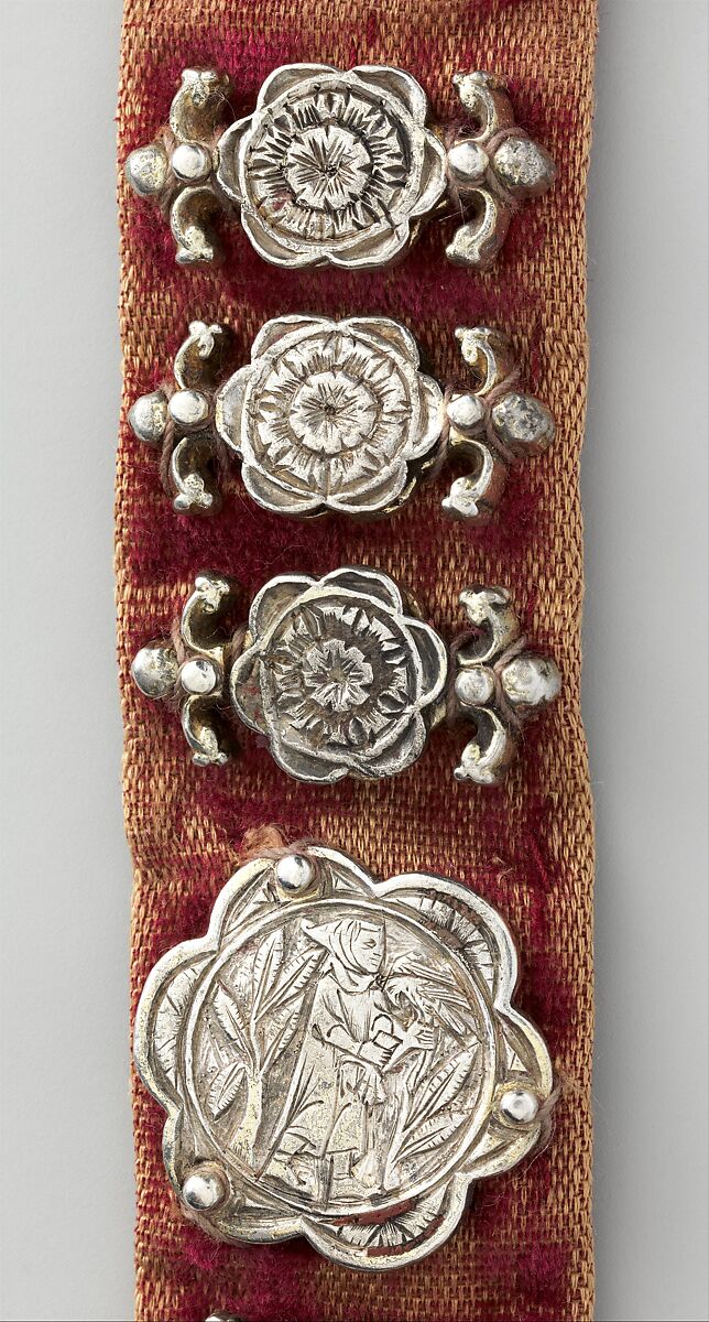 Belt, Silver, with traces of gilding and enamel; modern textile support, North Italian