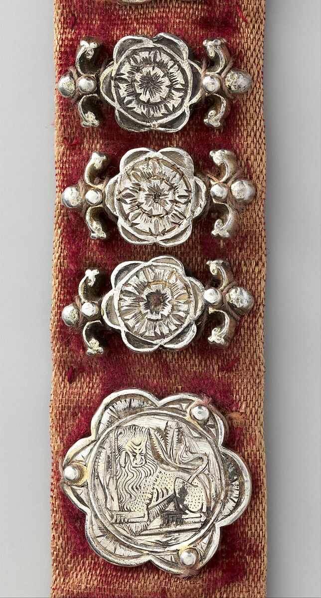 Belt, Silver, with traces of gilding and enamel; modern textile support, North Italian