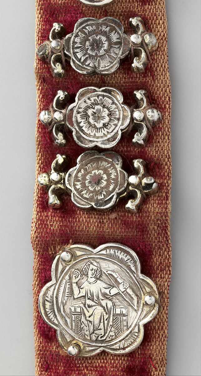 Belt, Silver, with traces of gilding and enamel; modern textile support, North Italian
