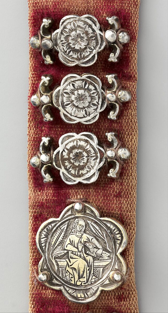 Belt, Silver, with traces of gilding and enamel; modern textile support, North Italian