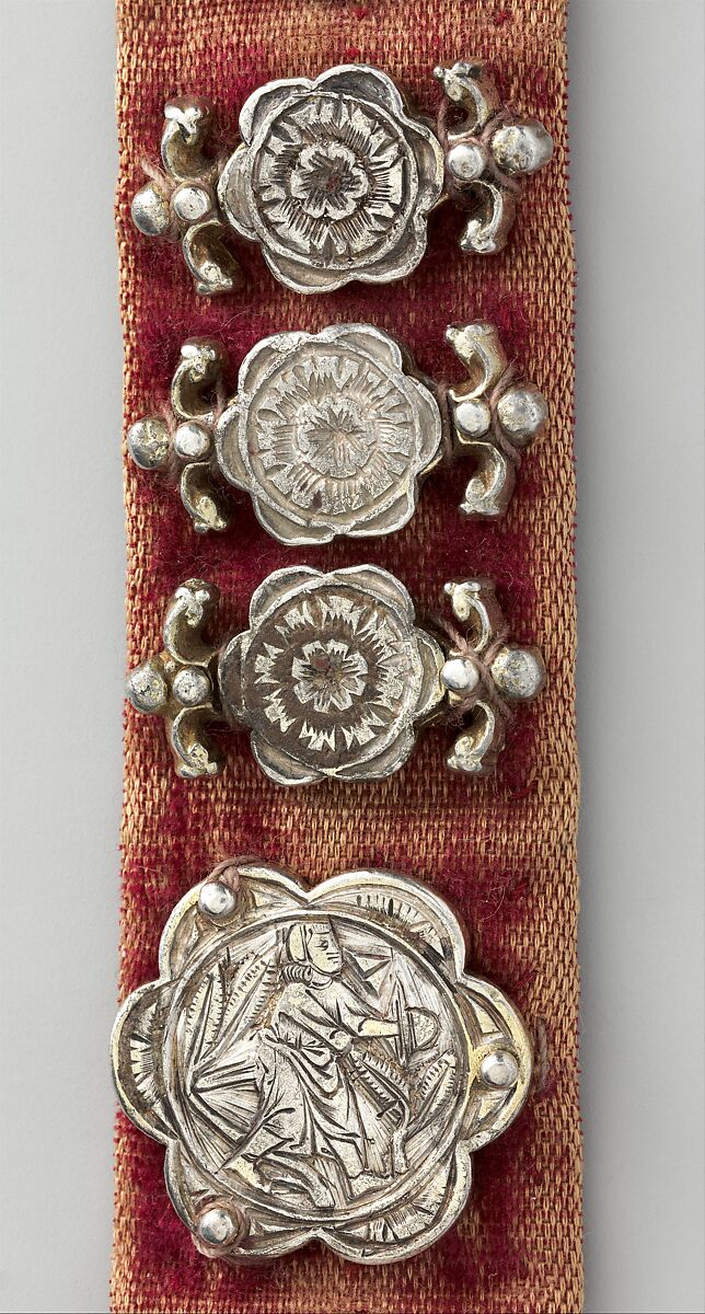 Belt, Silver, with traces of gilding and enamel; modern textile support, North Italian