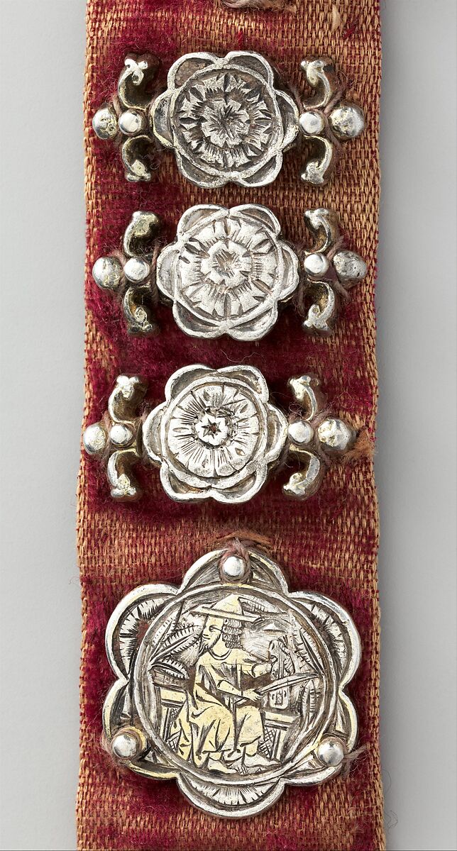 Belt, Silver, with traces of gilding and enamel; modern textile support, North Italian