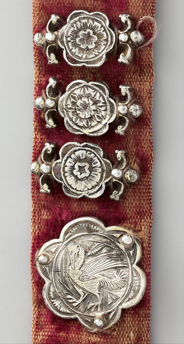 Belt, Silver, with traces of gilding and enamel; modern textile support, North Italian