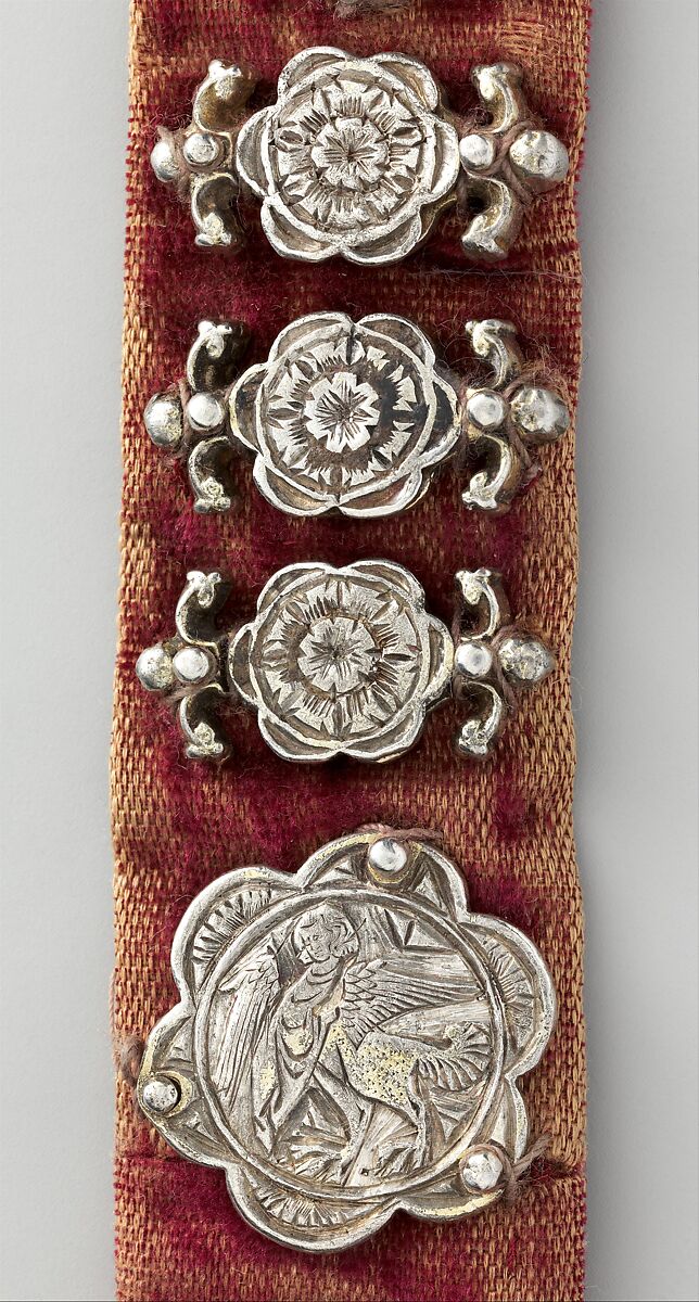 Belt, Silver, with traces of gilding and enamel; modern textile support, North Italian