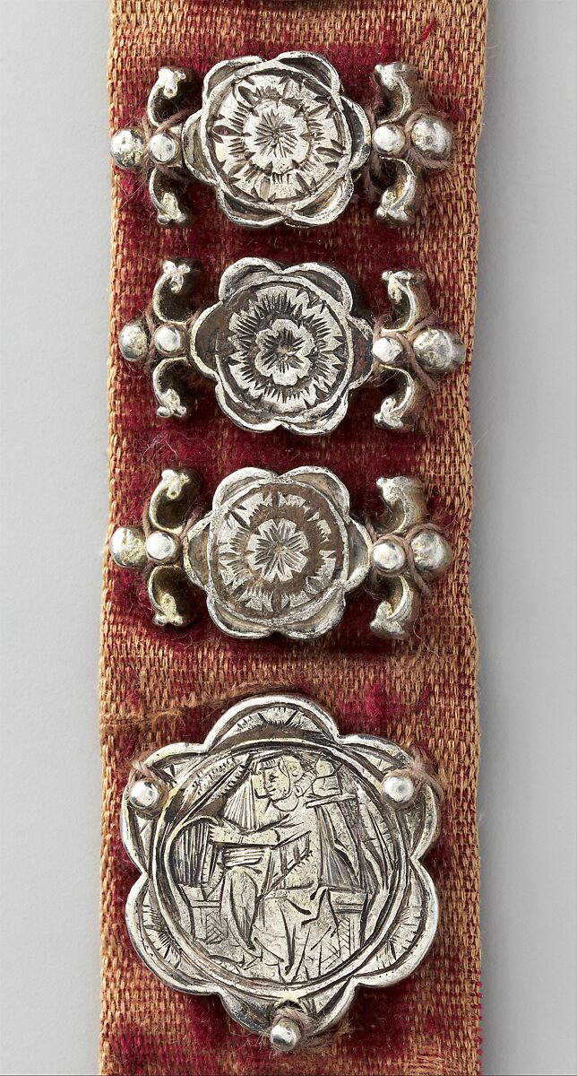 Belt, Silver, with traces of gilding and enamel; modern textile support, North Italian