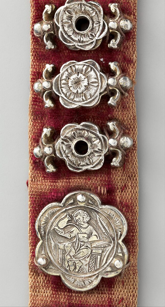 Belt, Silver, with traces of gilding and enamel; modern textile support, North Italian