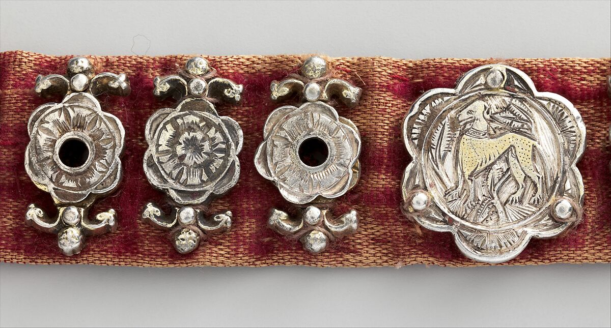 Belt, Silver, with traces of gilding and enamel; modern textile support, North Italian