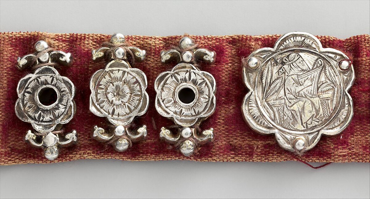 Belt, Silver, with traces of gilding and enamel; modern textile support, North Italian