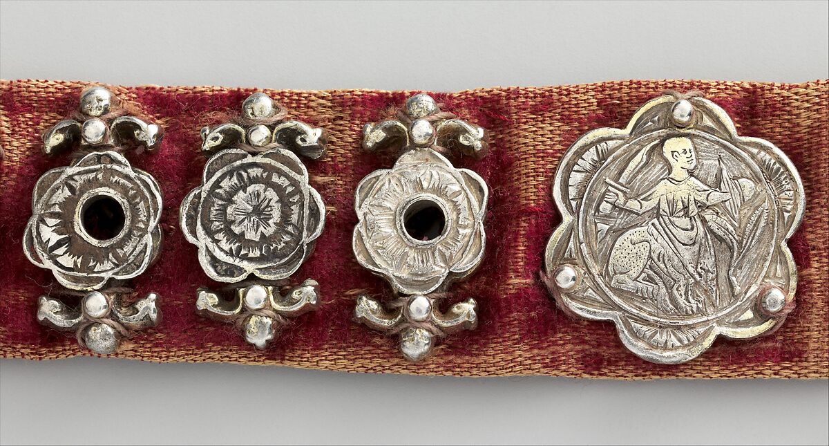Belt, Silver, with traces of gilding and enamel; modern textile support, North Italian