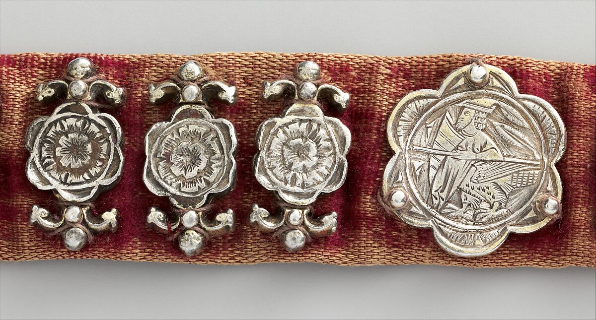 Belt, Silver, with traces of gilding and enamel; modern textile support, North Italian