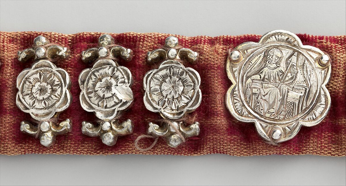 Belt, Silver, with traces of gilding and enamel; modern textile support, North Italian