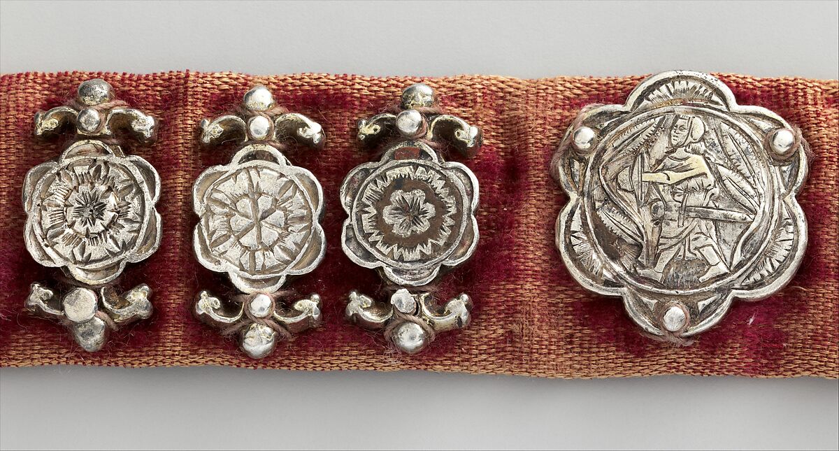 Belt, Silver, with traces of gilding and enamel; modern textile support, North Italian