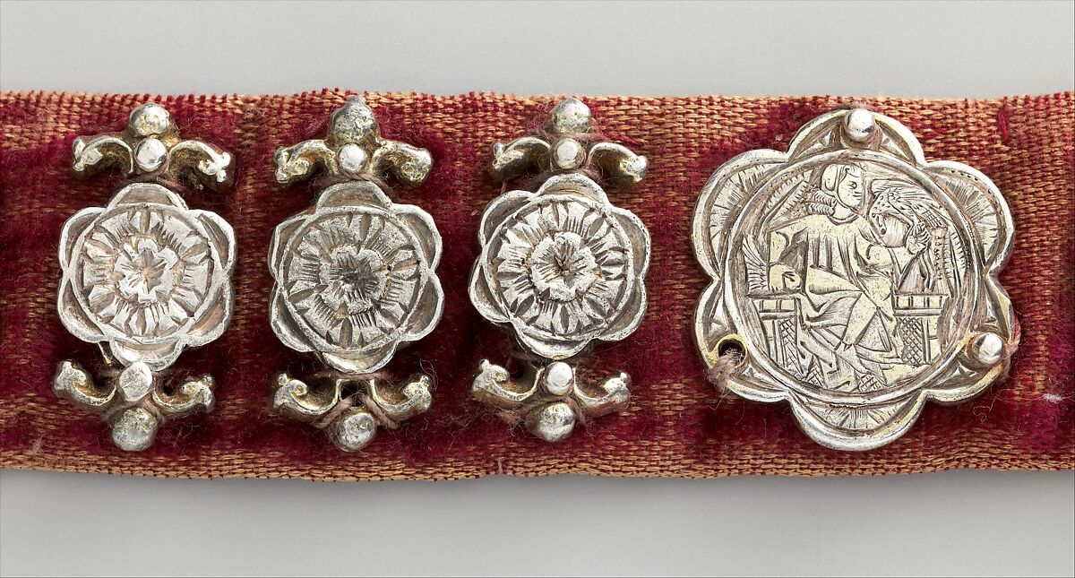 Belt, Silver, with traces of gilding and enamel; modern textile support, North Italian