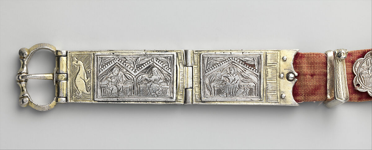 Belt, Silver, with traces of gilding and enamel; modern textile support, North Italian