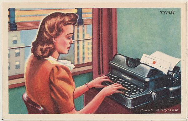 Typist, bakery card from the Speed Pictures series (D39-8), issued by Bell Bakeries, Inc., Issued by Bell Bakeries, Inc., Commercial color lithograph 