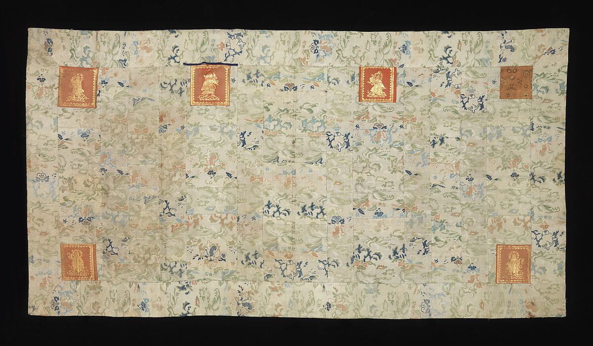 Buddhist Vestment (Kesa) with Figural Squares, Body of the kesa: silk lampas; Squares: silk twill with supplementary weft patterning in metallic thread, Japan 